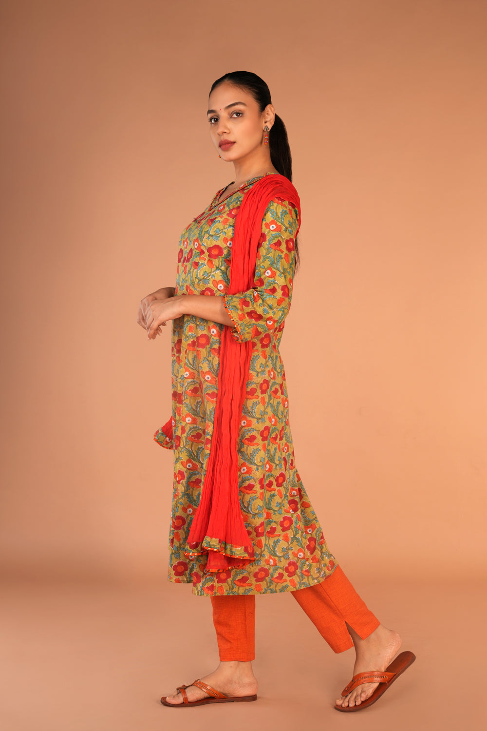 Image of Vermillion red cotton hand block printed Kurta and Dupatta set